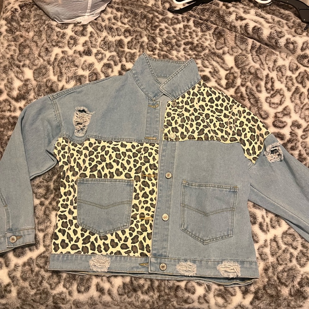 American Eagle Outfitters Blue Denim Jacket with Leopard Print
